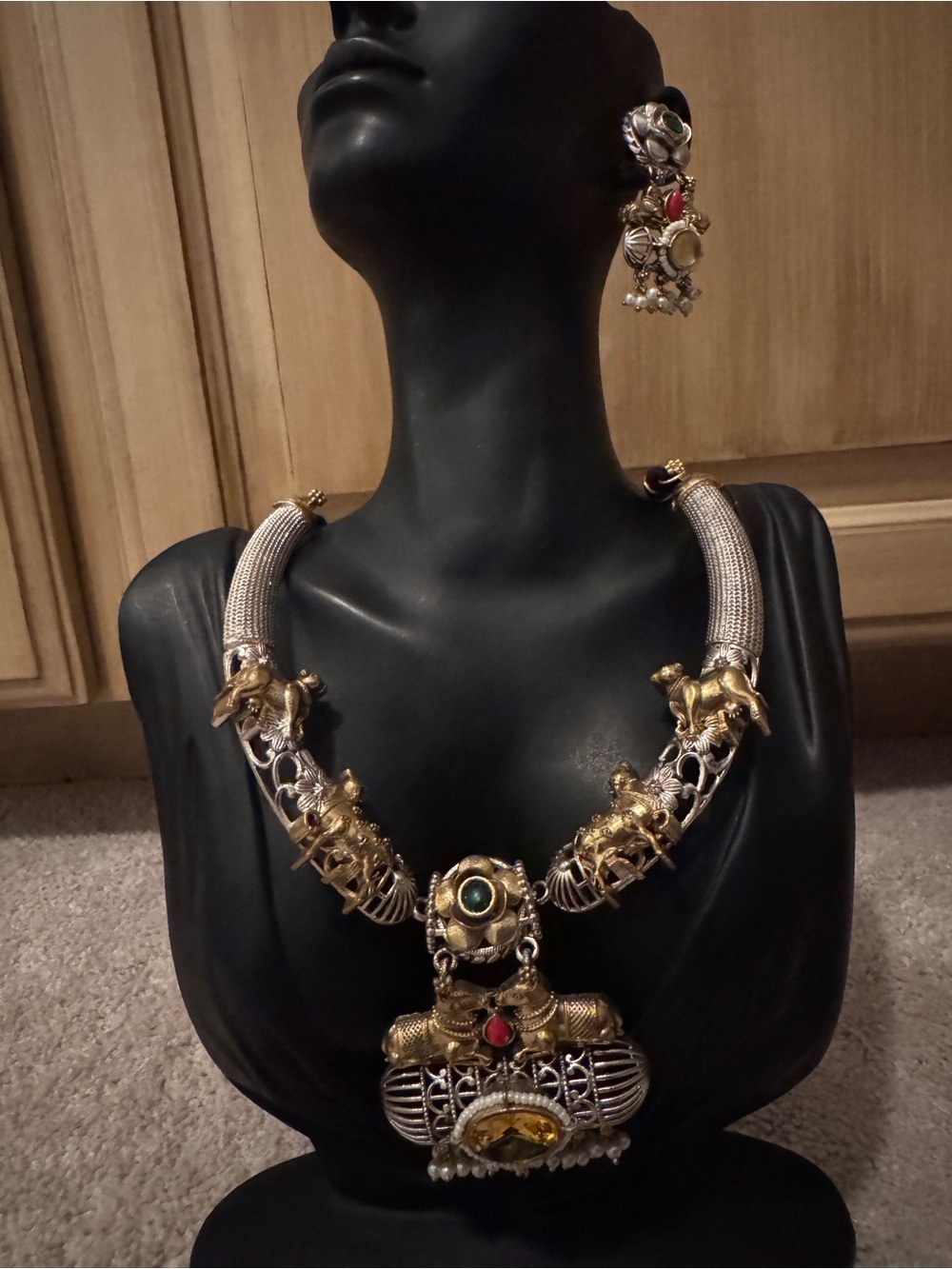 Gold-Tone Temple Necklace with Red and Green Accents - Women Jewelry